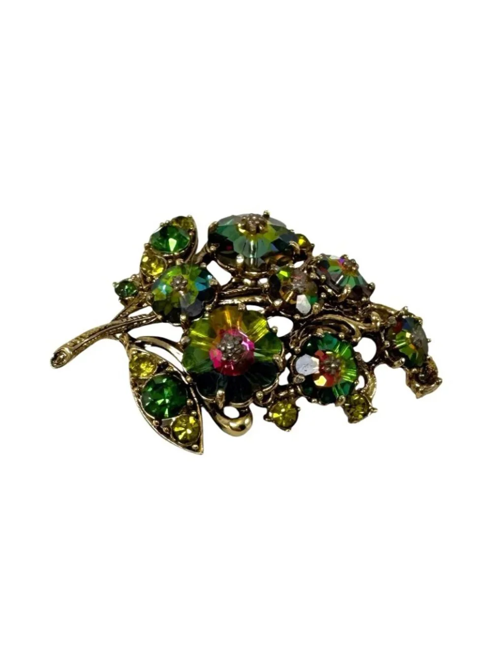 Weiss Brooch Pin Green Aurora Borealis AB Rhinestone & Margarite Crystal Vintage
